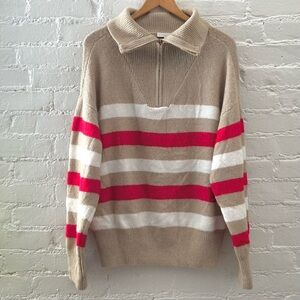LOFT Cozy Comfy Striped Knit Collared Sweater Quarter Zip Relaxed Fit Pullover